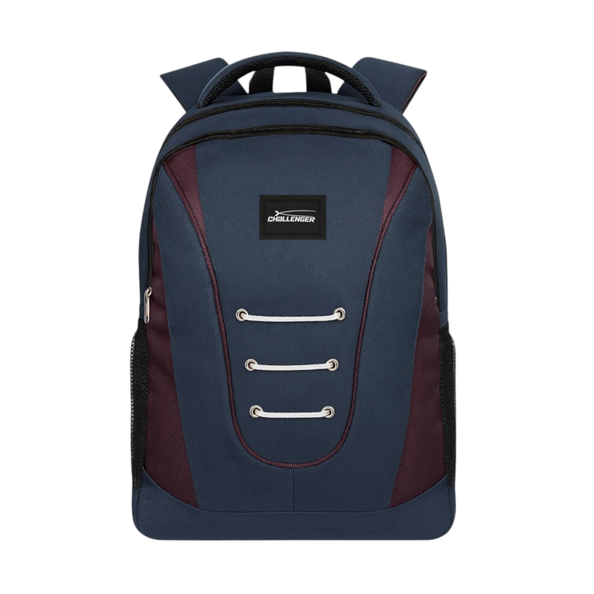 Navy and purple Everyday Challenger dual compartment backpack with padded shoulder straps, side mesh pockets, and durable water-resistant fabric – ideal for school, work, or travel.